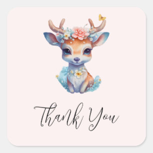 Cute Baby Deer with Antlers and Flowers Thank You Square Sticker