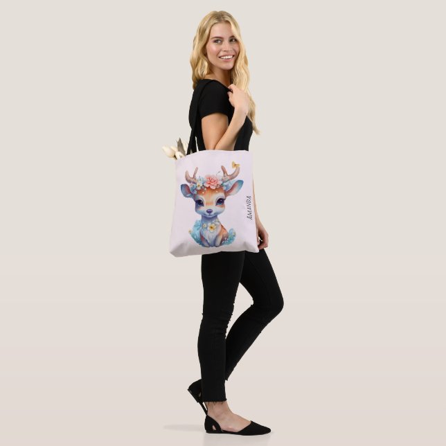 Cute Baby Deer with Antlers and Flowers Tote Bag (On Model)