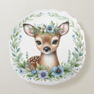 Cute Baby Deer with Blue Floral Round Cushion