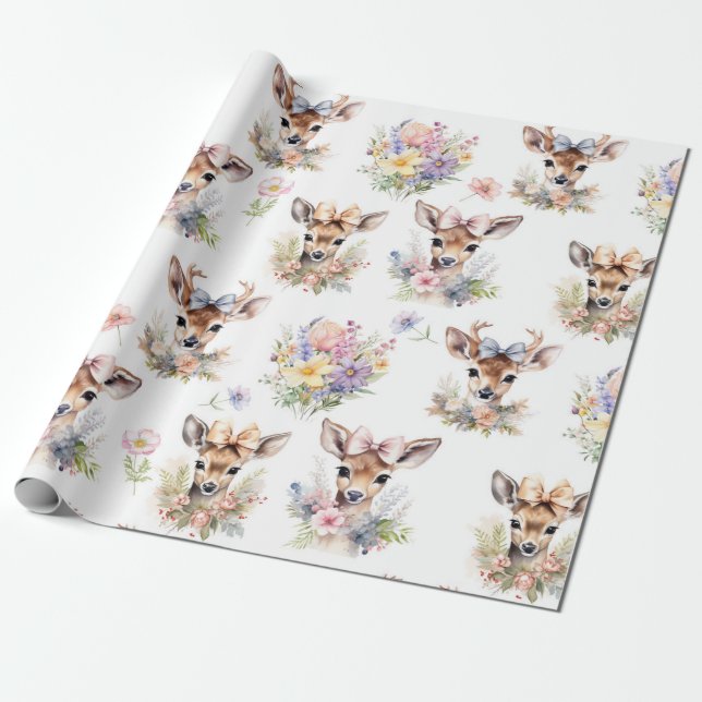 Cute Baby Deer with Wildflower  Wrapping Paper (Unrolled)