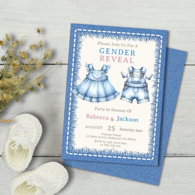 Cute Baby Denim Dress & Dungarees Gender Reveal Invitation (Cute Baby Denim Dress & Dungarees Gender Reveal Invitation)
