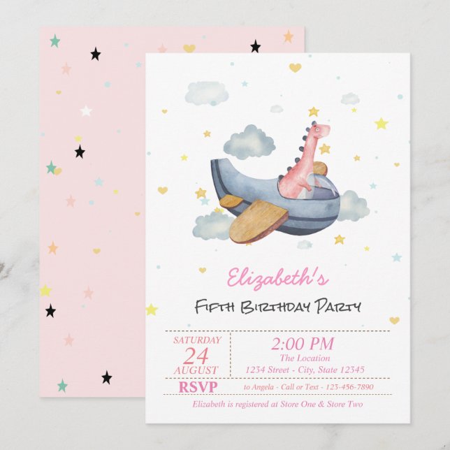 Cute Baby Dino Aeroplane Stars Birthday  Invitation (Front/Back)