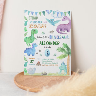 Cute Baby Dino Dinosaur Jungle Blue Birthday Invitation