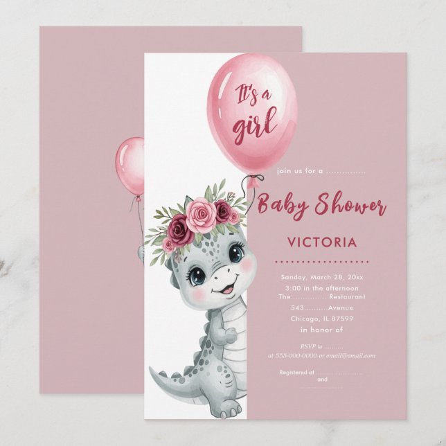 Cute Baby Dino Flat Invitation (Front/Back)