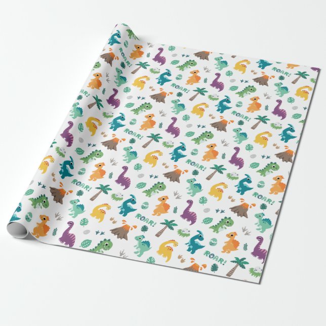 Cute Baby Dino pattern Kids Birthday Party Wrapping Paper (Unrolled)