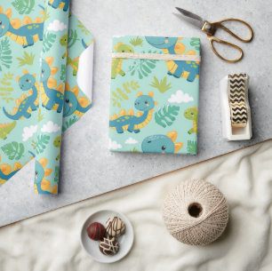Cute baby dinos, boho style seamless wrapping paper