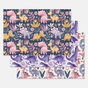 Cute baby dinos, boho style seamless wrapping paper sheet