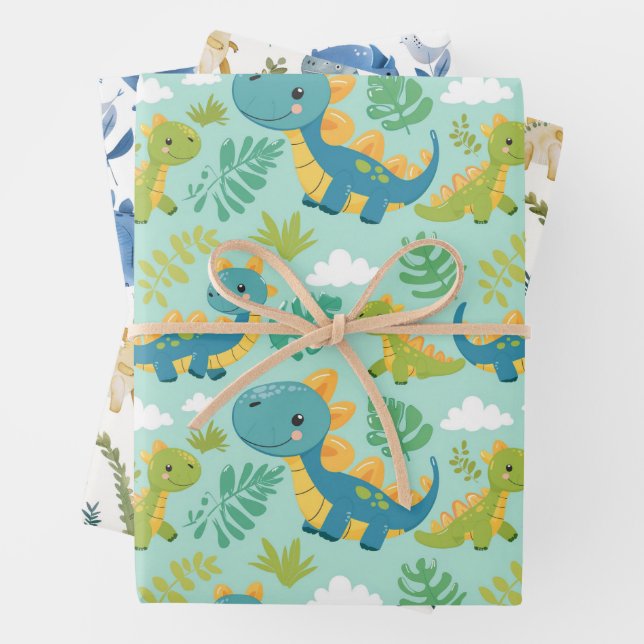 Cute baby dinos, boho style seamless wrapping paper sheet (In situ)