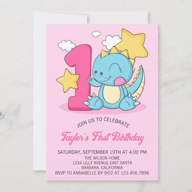 Cute Baby Dinosaur 1st Birthday Party Invitation (Front)