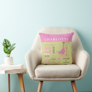 Cute Baby Dinosaur Bright Birth Stats Girl Nursery Cushion