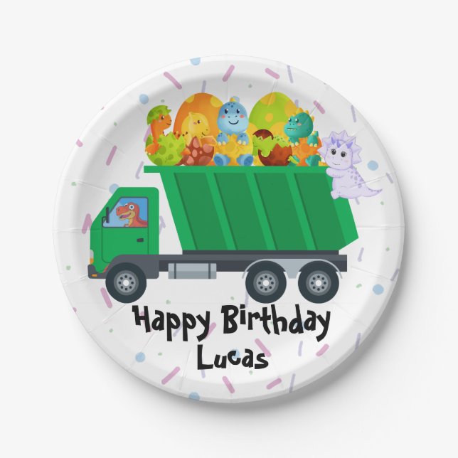 Cute baby dinosaur egg garbage truck Birthday Part Paper Plate (Front)