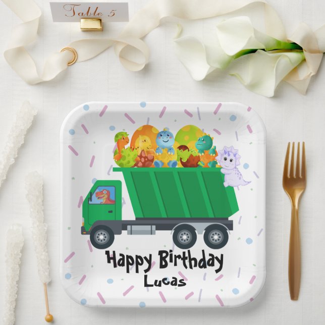 Cute baby dinosaur egg garbage truck Birthday Part Paper Plate (Wedding)