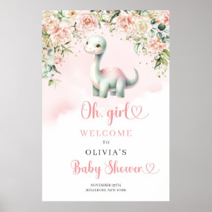 Cute baby dinosaur girl blush roses welcome poster