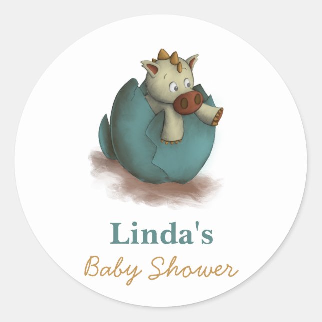 Cute Baby Dinosaur Hatching Neutral Baby Shower Classic Round Sticker (Front)