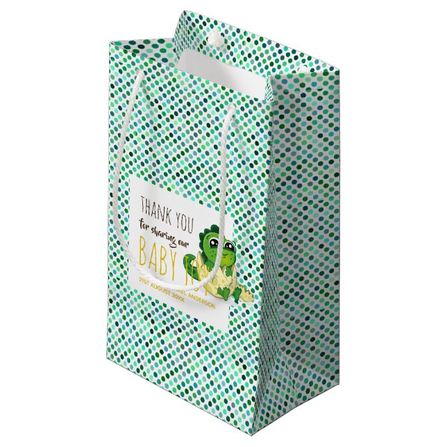 Cute Baby Dinosaur Hatching Shower Party Polkadot Small Gift Bag (Front Angled)