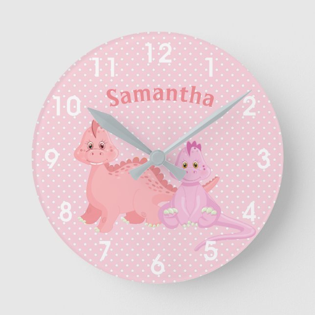 Cute Baby Dinosaur Kid's Room Nursery pink Round Clock (Front)