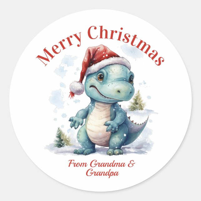 Cute Baby Dinosaur Merry Christmas Classic Round Sticker (Front)
