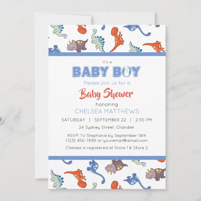 Cute Baby Dinosaur Pattern Print Personalised Invitation (Front)