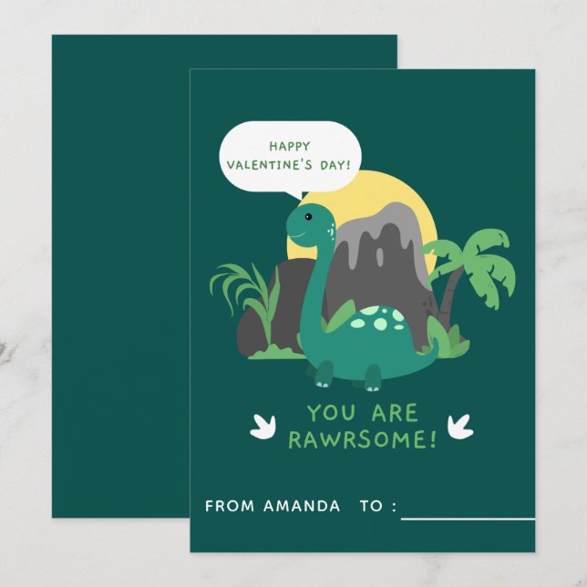 Cute Baby Dinosaur Primary School Valentine's Day Holiday Card (Front/Back)