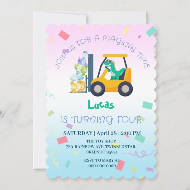 Cute baby dinosaur tractor Truck Birthday DIY Name Invitation (Front)