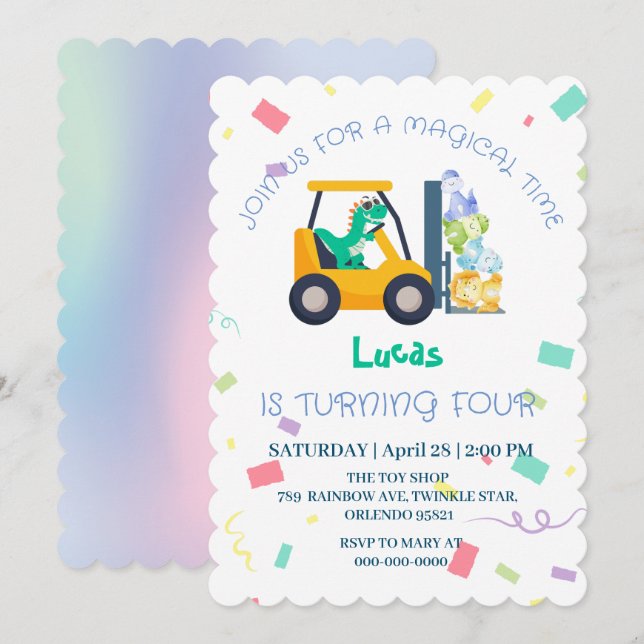 Cute baby dinosaur tractor Truck Birthday DIY Name Invitation (Front/Back)