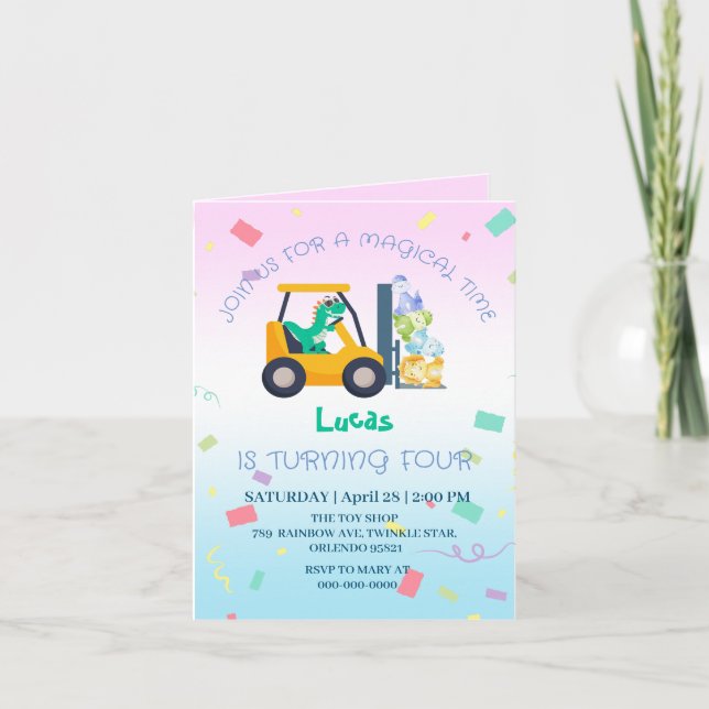 Cute baby dinosaur tractor Truck Birthday kid Name Invitation (Front)