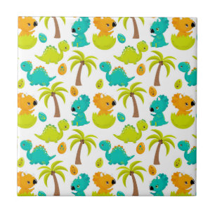 Cute Baby Dinosaur Triceratops Dino Eggs Palm Tree Tile