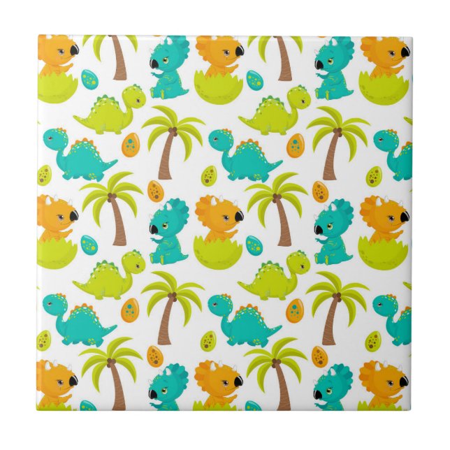 Cute Baby Dinosaur Triceratops Dino Eggs Palm Tree Tile (Front)
