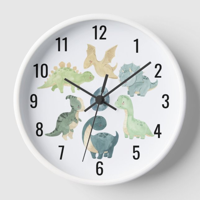 Cute Baby Dinosaur Watercolor Black Clock (Front)