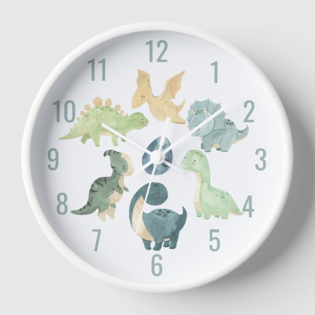 Cute Baby Dinosaur Watercolor Blue Clock (Front)