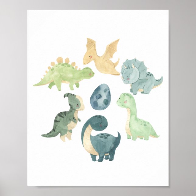 Cute Baby Dinosaur Watercolor Poster (Front)
