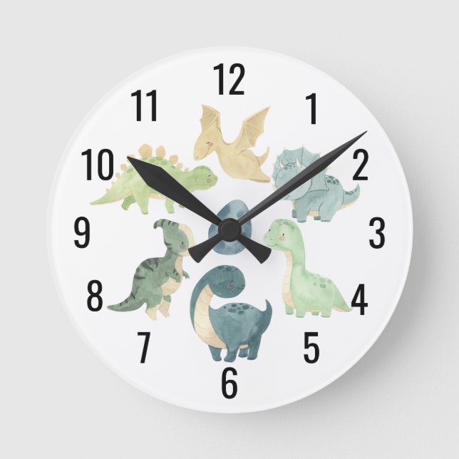 Cute Baby Dinosaur Watercolor Round Clock (Front)