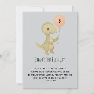 Cute Baby Dinosaur with Balloon Birthday Invitation