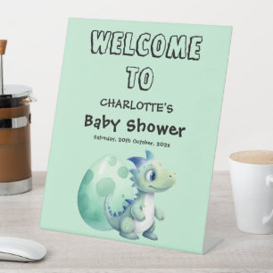 Cute Baby Dinosaur with Its Egg Baby Shower Pedestal Sign