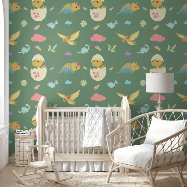 Cute Baby Dinosaurs Pink Clouds & Green Nursery Wallpaper (Kids)