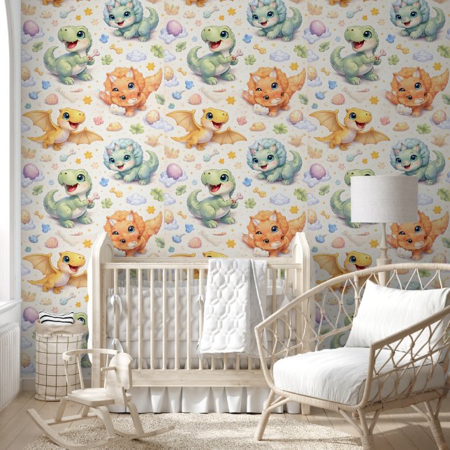 Cute baby dinosaurs soft pastel seamless pattern w wallpaper (Kids)