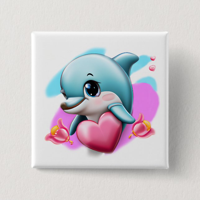 Cute Baby Dolphin with Valentine's Heart   15 Cm Square Badge (Front)