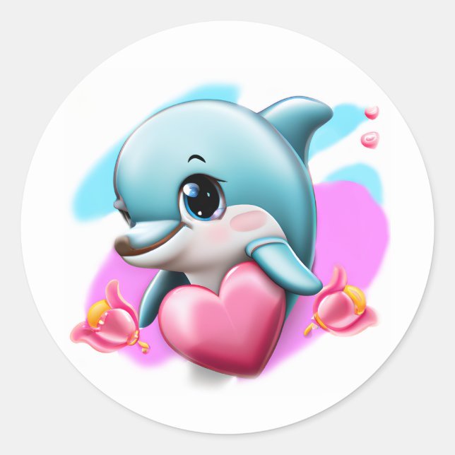 Cute Baby Dolphin with Valentine's Heart  Classic Round Sticker (Front)