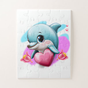 Cute Baby Dolphin with Valentine's Heart Jigsaw Puzzle