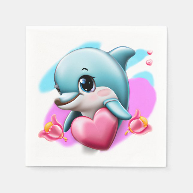 Cute Baby Dolphin with Valentine's Heart  Napkin (Front)