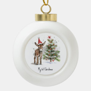 cute baby donkey and christmas tree, customisable ceramic ball christmas ornament