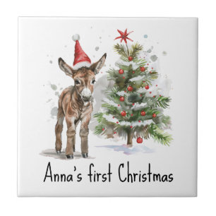 cute baby donkey and christmas tree, customisable tile