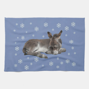 Cute Baby Donkey Sleeping with Snowflakes Tea Towel