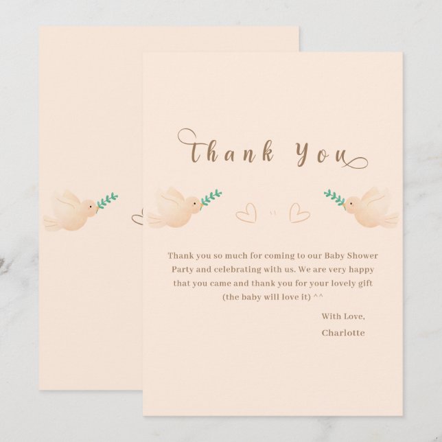 Cute Baby Dove Baby Shower Thank You Card (Front/Back)