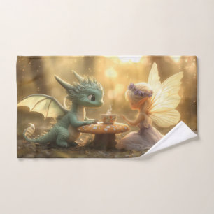 Cute Baby Dragon and Fairy Enjoying Tea Hand Towel