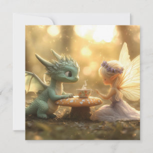 Cute Baby Dragon and Fairy Enjoying Tea Holiday Card