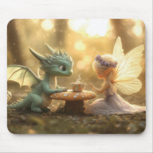 Cute Baby Dragon and Fairy Enjoying Tea Mouse Mat