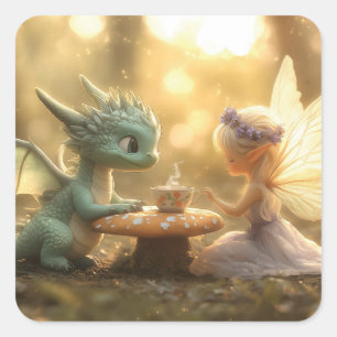 Cute Baby Dragon and Fairy Enjoying Tea  Square Sticker