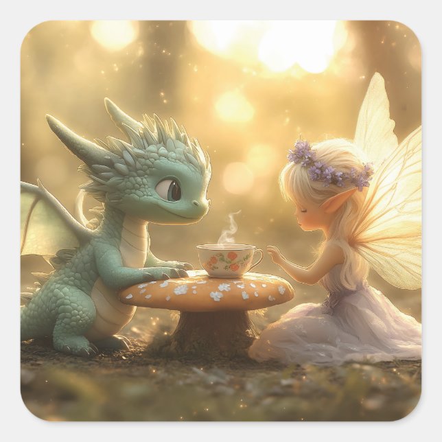 Cute Baby Dragon and Fairy Enjoying Tea  Square Sticker (Front)