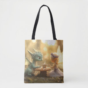 Cute Baby Dragon and Fairy Enjoying Tea Tote Bag